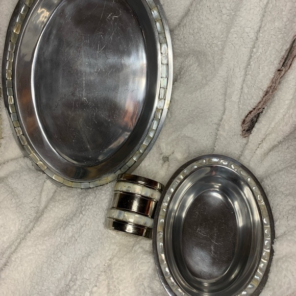 Antique Towle Silversmiths Mother Of Pearl Inlay Serving Tray , Bowl & Container - Picture 4 of 10
